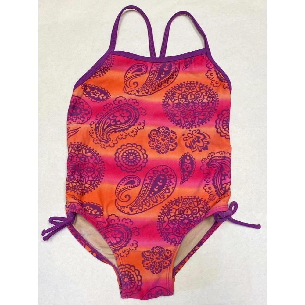 EUC Xhilaration Girls Size 4 5 Pink Orange Paisley One Piece Swimsuit